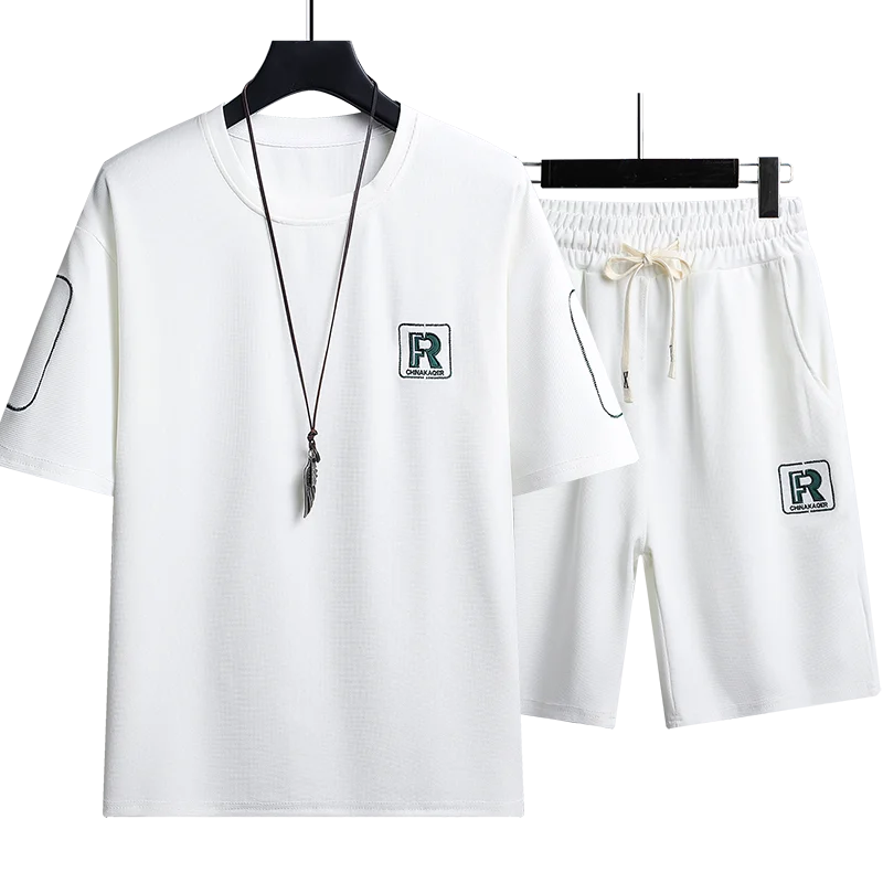 R Letter Men\'s T-Shirt and Shorts Sets Casual Set 2024 Summer Male Sports Suit Solid Color Tracksuit Loose Suits Size 3XL