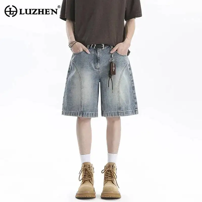 LUZHEN Five-pointed 2026 Washed Summer Vintage Fashion Straight Stripe Outline Jeans Men's High Quality Baggy Denim Pants JY8035