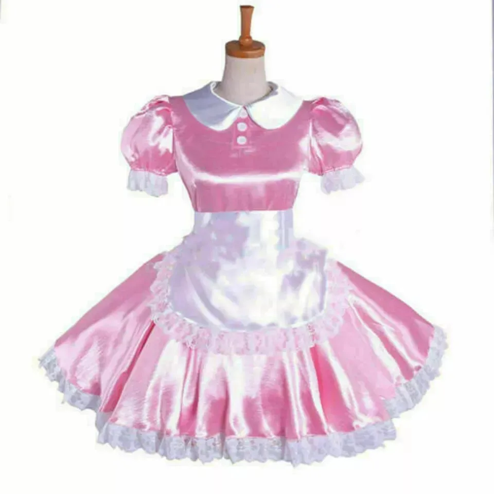 

Sissy Girl Pink Satin Lockable Maid Dress Customized Cosplay Costume Lace Customized