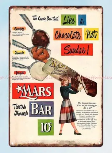 pub shop garage MARS BAR 10 cents 1951 woman candy bar metal tin sign