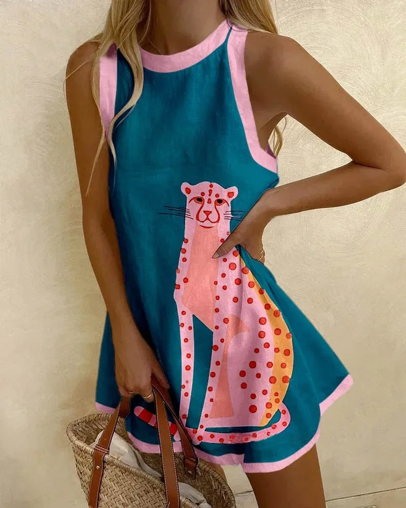 KIDCRKJ Damen Bohemian Ärmelloses Sommerkleid mit Aufdruck, lässig, locker, O-Ausschnitt, Minikleid, Urlaub, Party, Strand, A-Linien-Rock, Vestidos – Detail 17