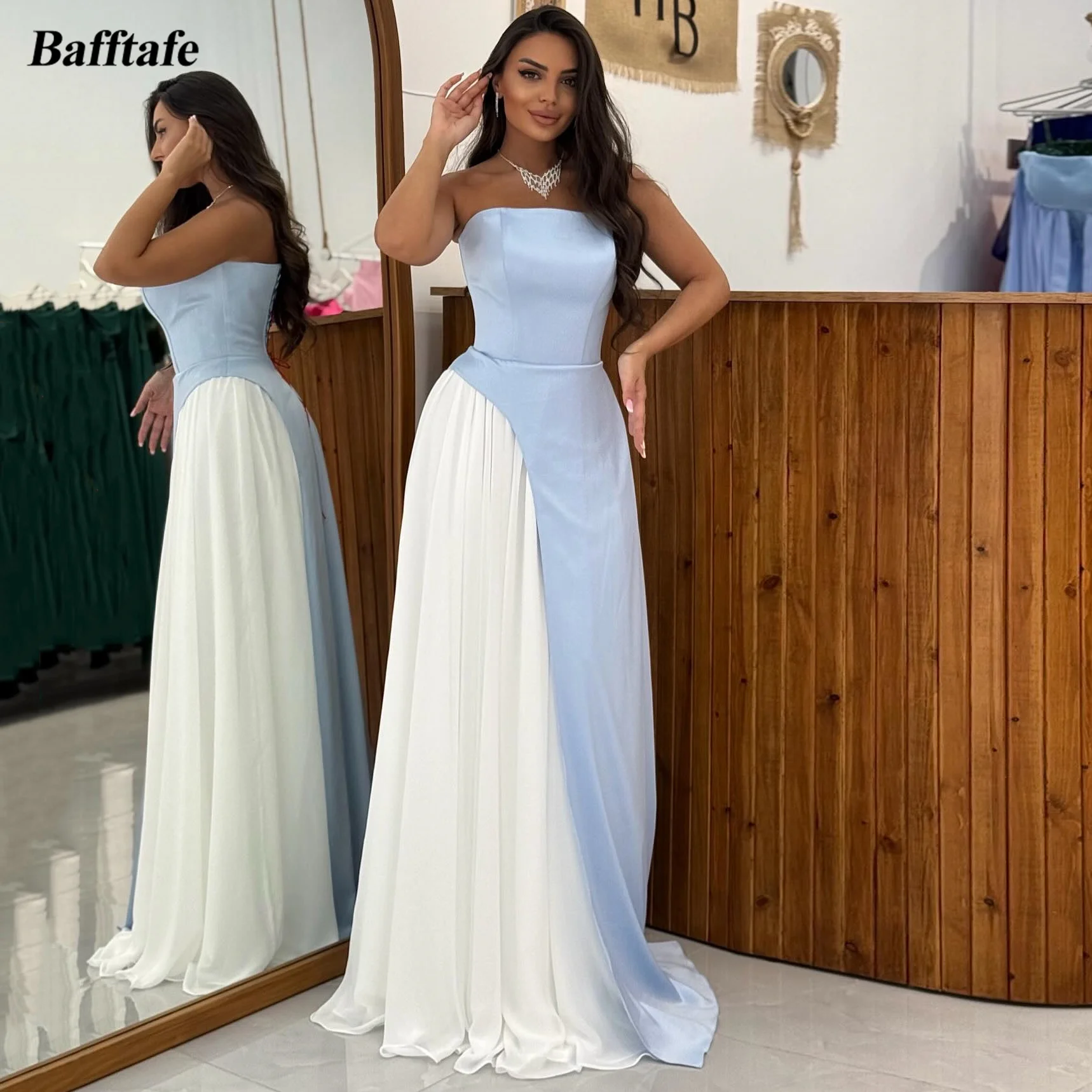 

Bafftafe Blue Satin Ivory Chiffon Prom Dresses Customized Corset Back Long Arabic Women Formal Occasion Party Evening Gowns