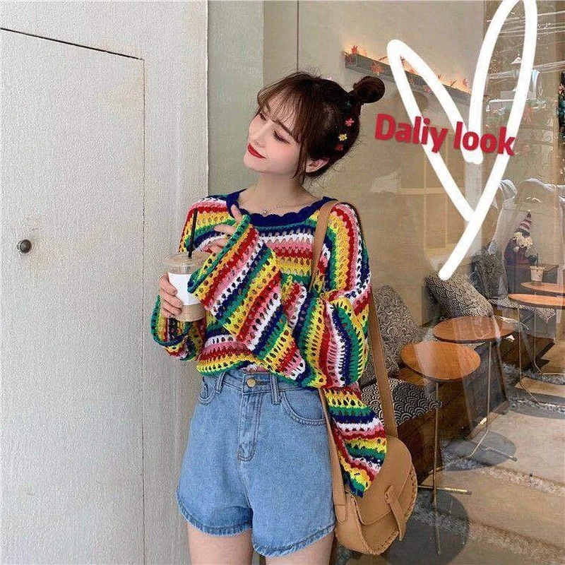 Rainbow Ladies Sweater Kawaii Tops with Headings Harajuku Crochet Knitted Sweaters for Women Cute Cashmere Autumn 2024 Trend New