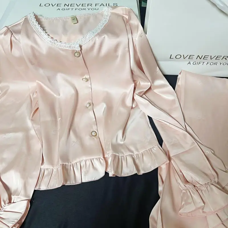 

Chinese Style Wedding Bride Sleepwear Gift Luxury Ice Silk Nightwear Women Floral Print Princess Home Clothes Loungewear