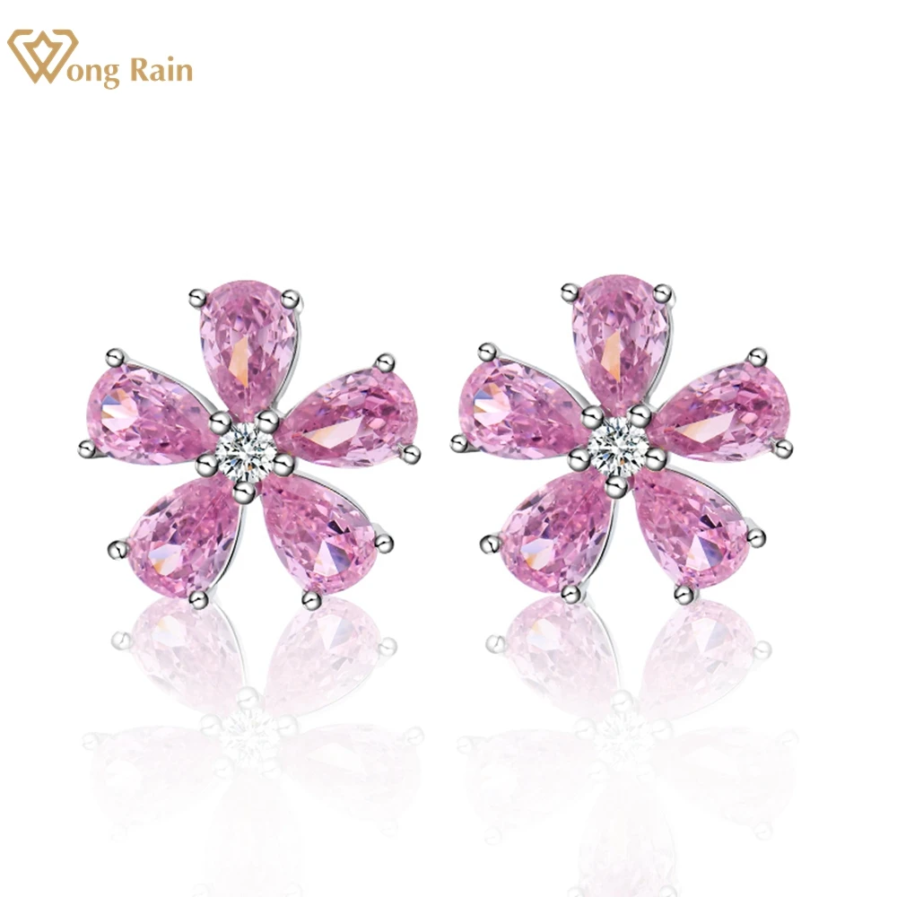 

Wong Rain 100% 925 Sterling Silver Flowers Pink Sapphire Gemstone Women Ear Studs Earrings Wedding Party Fine Jewelry Wholesale