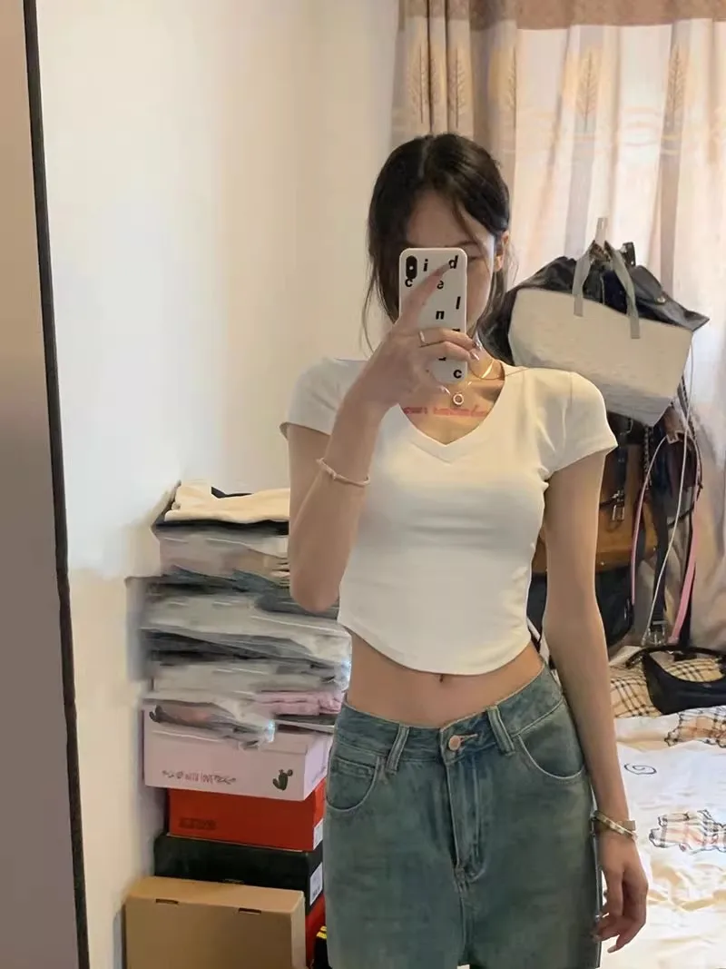 

92 Cotton ort Sve T-irt Women's Slim Fit High Waist Slimming Ins Irregular Small ence Top V-ne Summer Thin