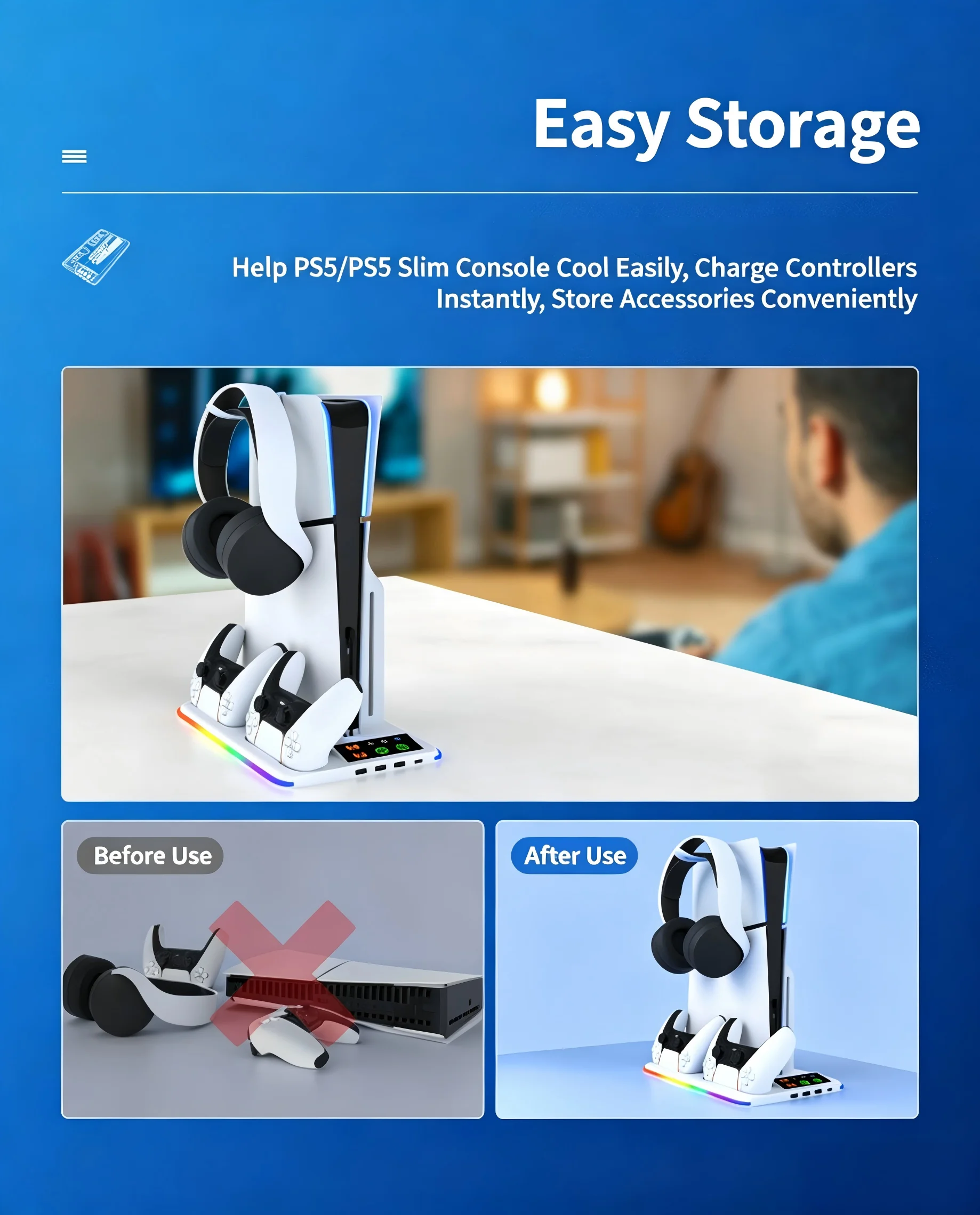 PS5/PS5 Slim/PS5 pro Cooling Stand with Headphone Hook And 3-Level Cooling Fan Controller Charging Station for Gaming Consoles