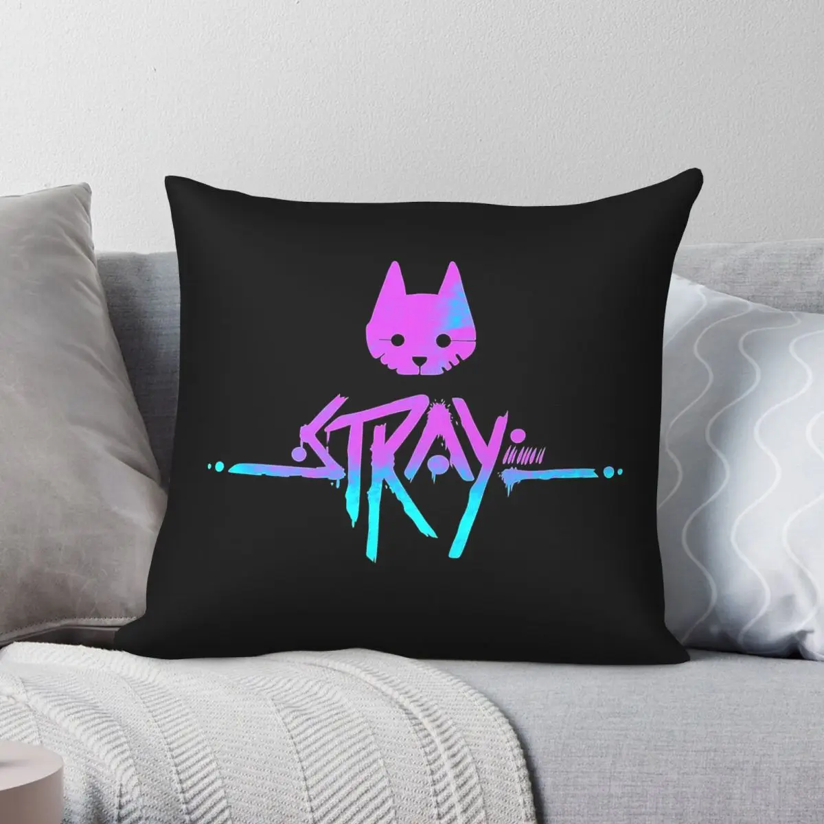 Stray Game Cat Neon Square Pillowcase Polyester Linen Velvet Creative Zip Decorative Throw Pillow Case Car Cushion Cover
