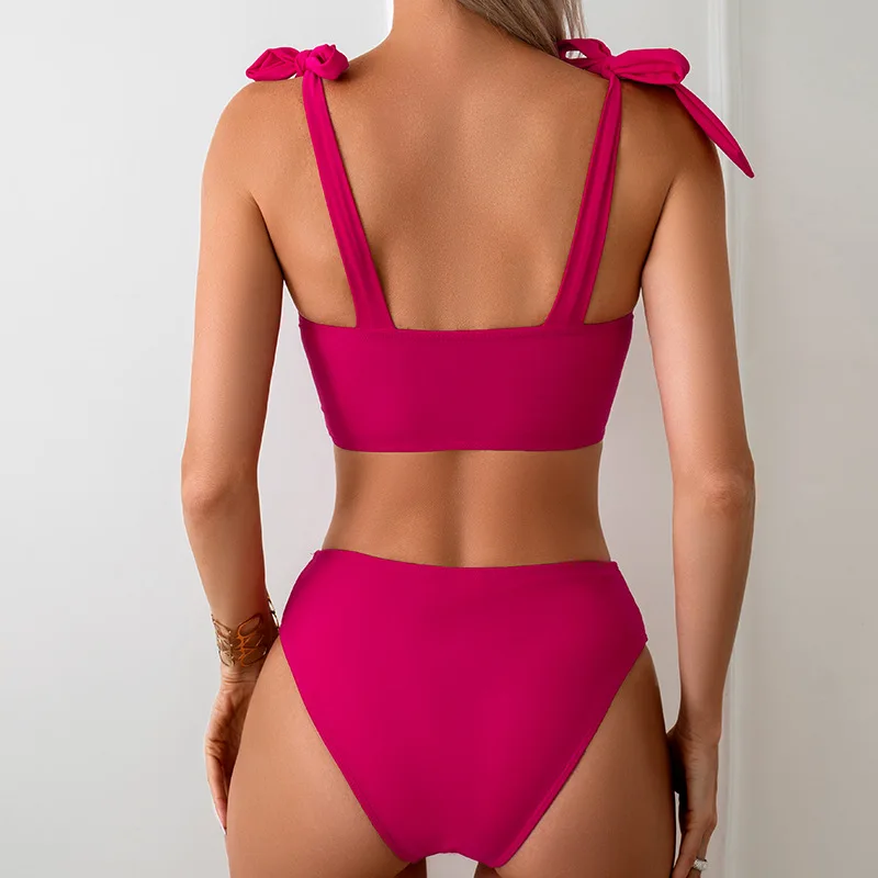 Rsoe-Bikini taille haute rose pour femme, ensemble 3 pièces avec jupe Industries ong, cover-up, maillot de bain noué, vêtements de plage