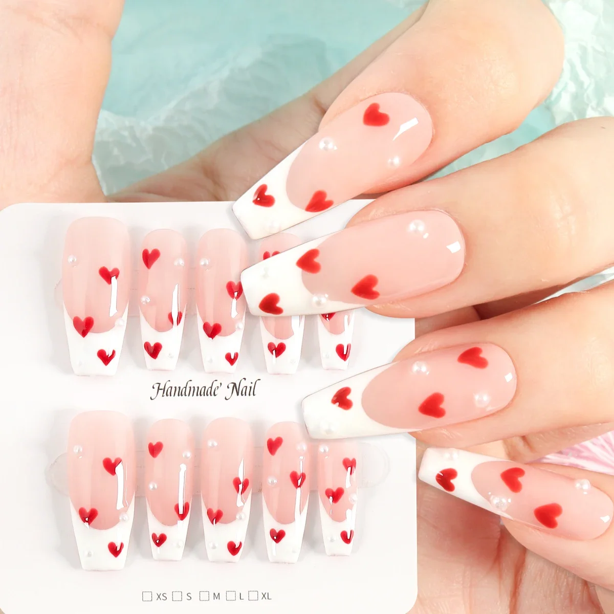 10pcs Handmade Long Press on False Nails Hand Painted Red Love Heart Art Design Full Coverage Acrylic Press on Nails