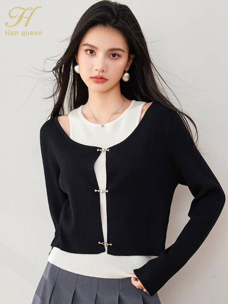 H Han Queen 2024 Korean Chic 2pc Knitted Cardigans Sweaters Women Casual Basic Long Sleeve Vintage Sweater Tops Female Clothing