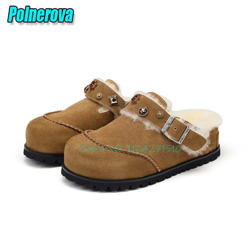 Autumn Winter New Plush Thick Soled Casual Shoes Women's Gemstone Decor Strap Slip-On Half Slippers Frosted Leather Flat Mules