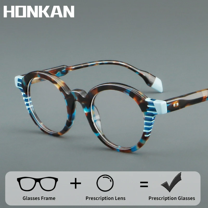 

HONKAN дизайнерские ацетатные очки для чтения мужские анти-синий свет близорукость очки по рецепту женские круглые заклепки оптические очки