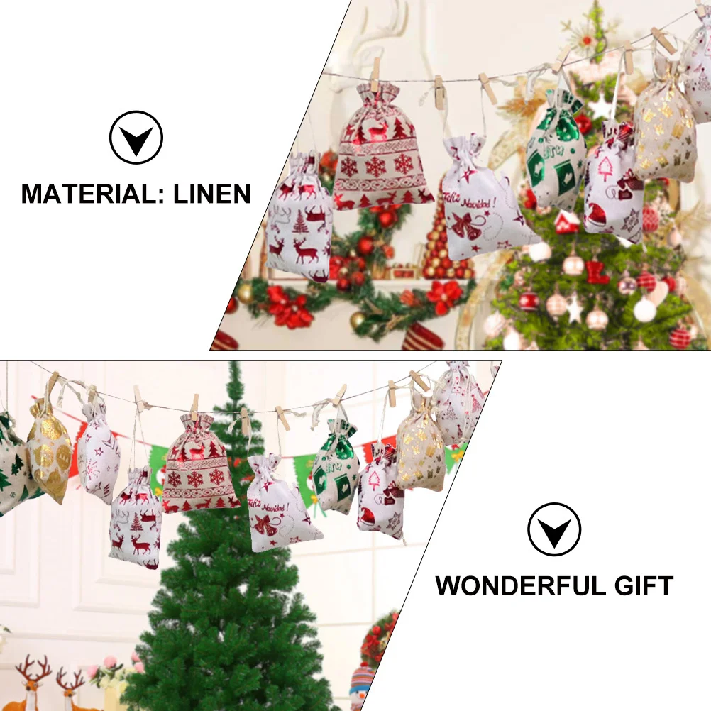 

1 set Gift Bags With Stickers Candy Storage Pouch For Party Christmas Treat Bag Linen Drawstring Pouch Portable Packaging
