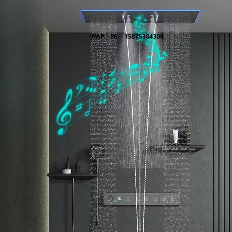 Ceiling 36*12inch Rain&Waterfall LED Shower Head With Music System Bathroom Thermostatic LED Shower Faucet Set
