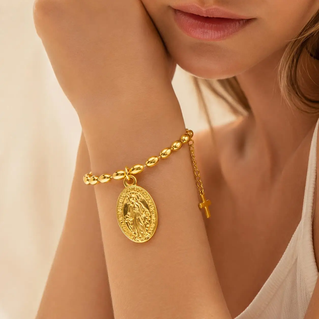 Stainless Steel Virgin Mary Cross Rosary Bracelet for Women, Olive Beads Chain, Waterproof 18K Gold Plated Medal Jewelry