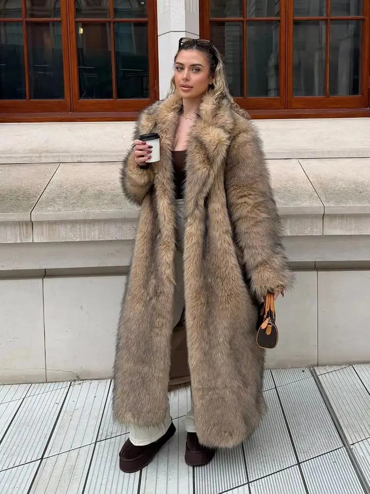 Women Winter Faux Fur Coat 2026 Warm Long Fluffy Plush Lapel Open Front Jacket