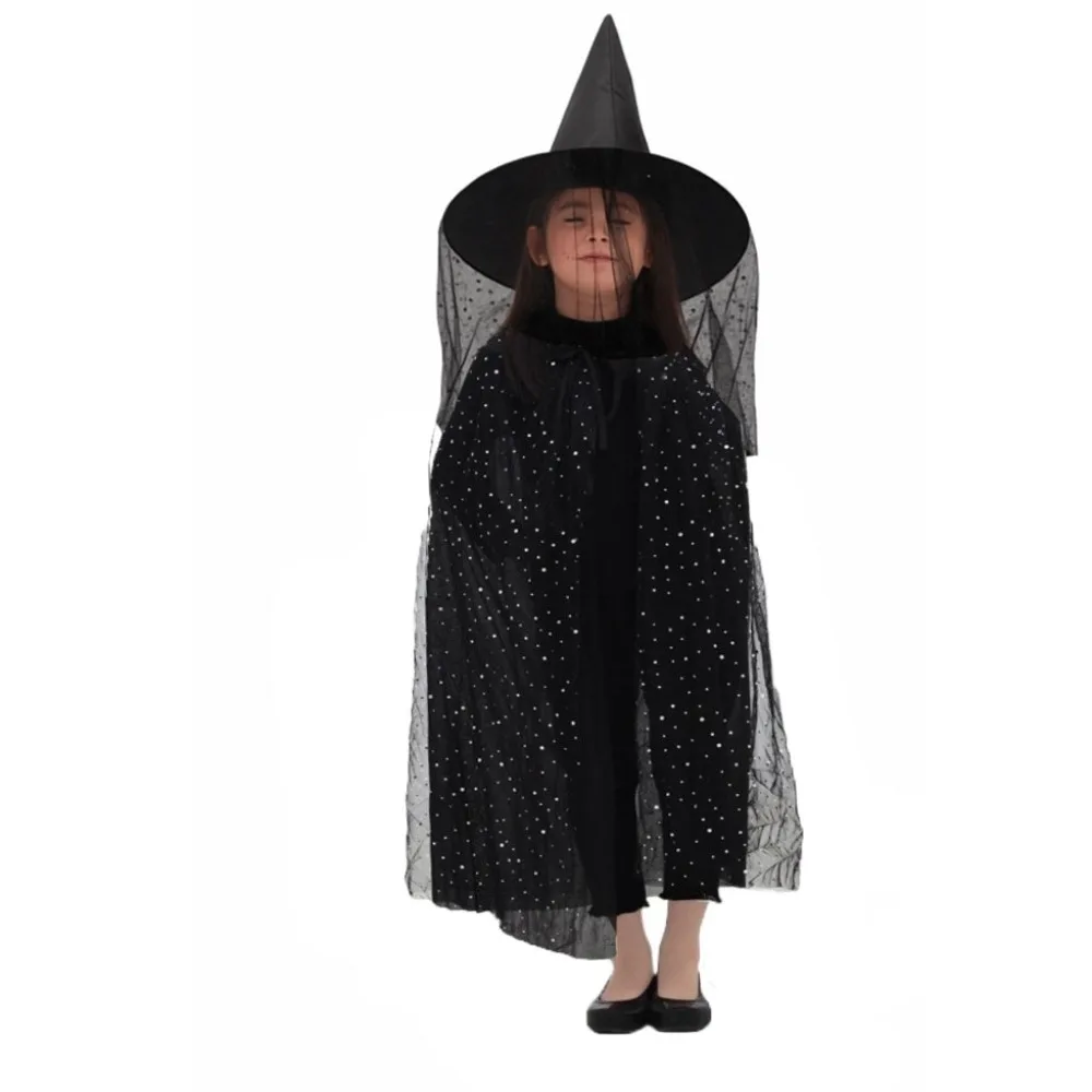 Jubah Halloween Dua Lapis Manis dengan Topi, Jubah Kostum Anak Halloween Berbahan Jala Bintang, Set Jubah Cosplay dengan Topi untuk Pertunjukan