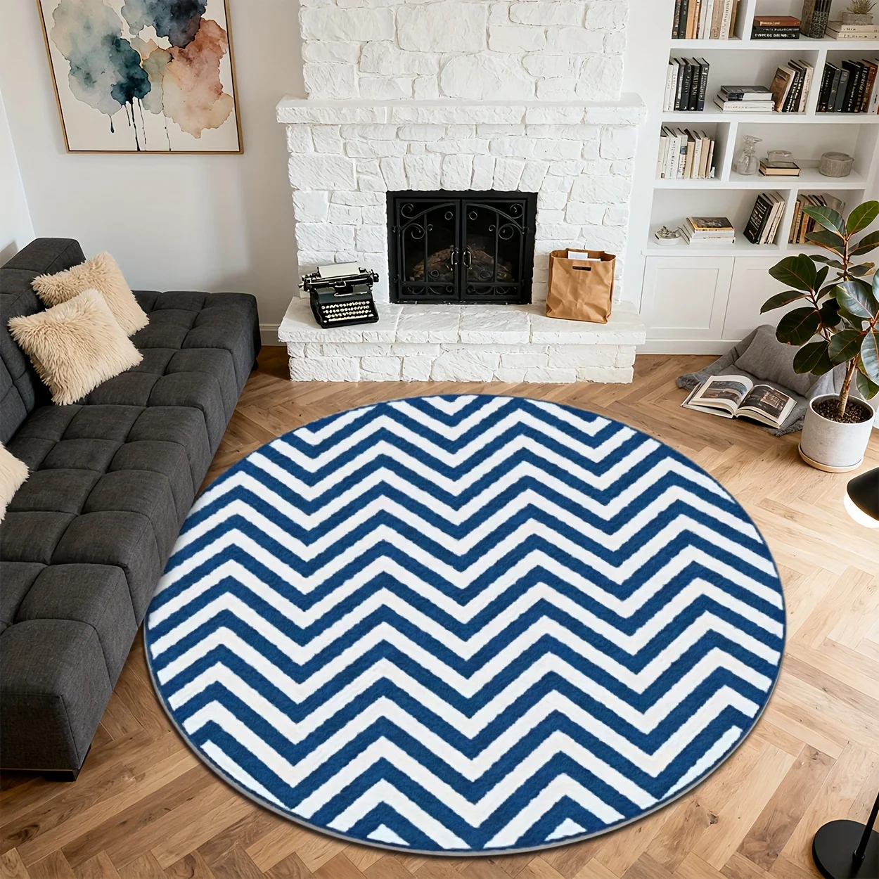 Modern blue chevron round floor rug 2D printed zigzag geometric pattern entry mat for coffee shop restaurant