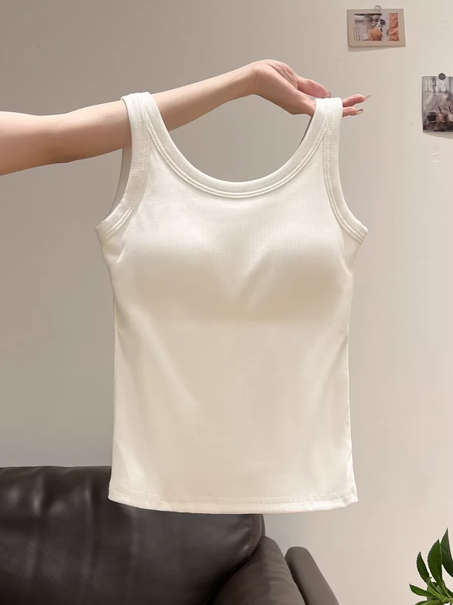 White Integrated Strap Vest Women's Slim Fit Backless Summer Top Sleeveless Base Shirt Outerwear Knitted round Neck Short Length
