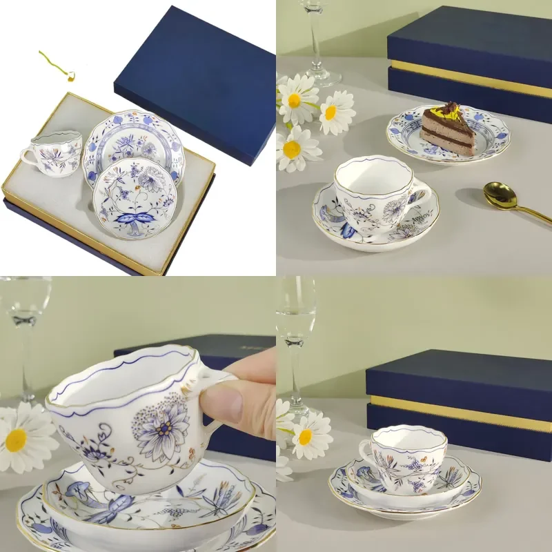 Mini Blue Small Cup and Saucer 3 Piece Set Dessert Shop Pattern Coffee Cup Cake Plate Practical Mid Autumn Festival