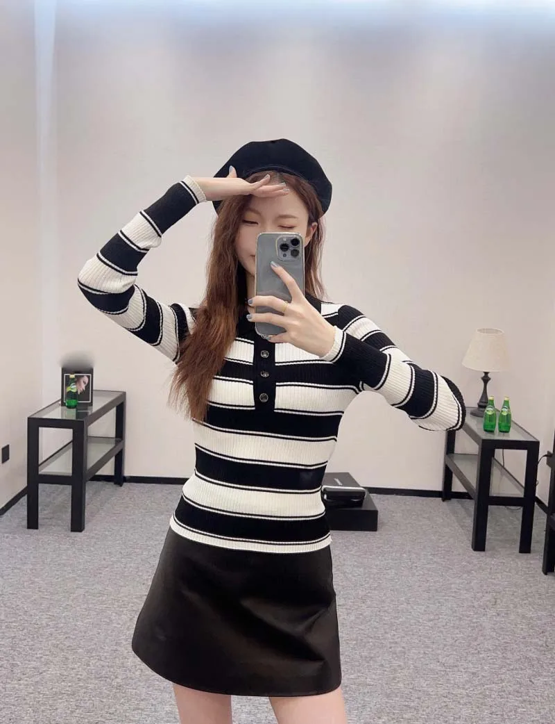 

Commuting style women's sweater fashionable and simple striped contrasting color capable slim fit and versatile lapel knit top