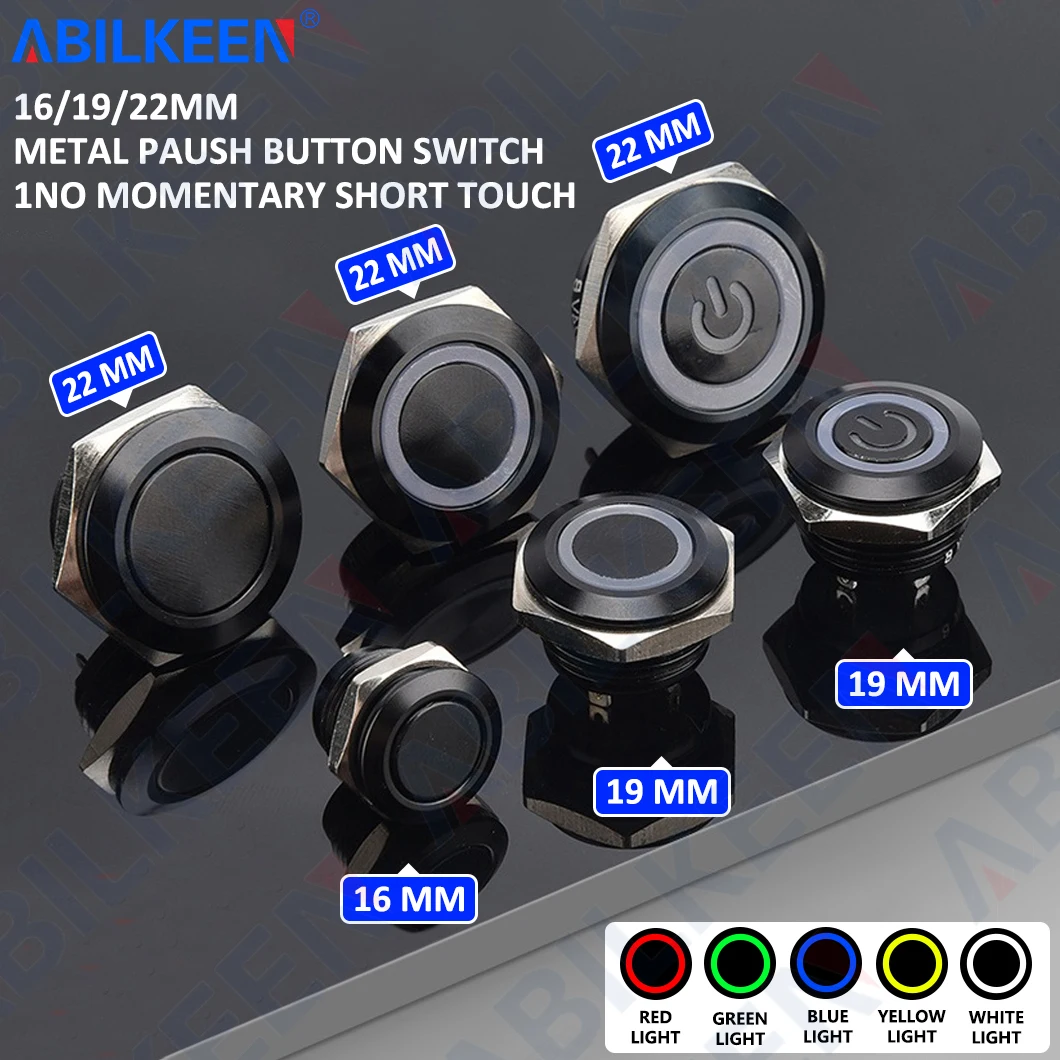 ABILKEEN 12/16/19/22MM Black Shell Metal Push Button Switch 1NO Momentary Ultra-Thin Push Button with LED Light 3-6V/12-24V