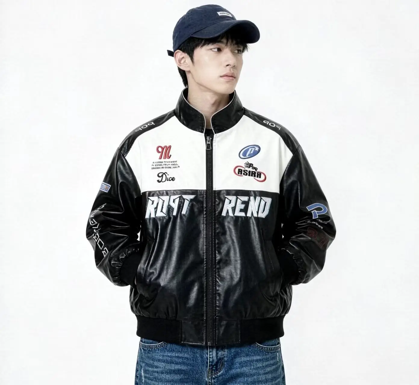 Men's Color Block PU Leather Varsity Jacket  Printed Stand Collar Zip Up Streetwear Outerwear