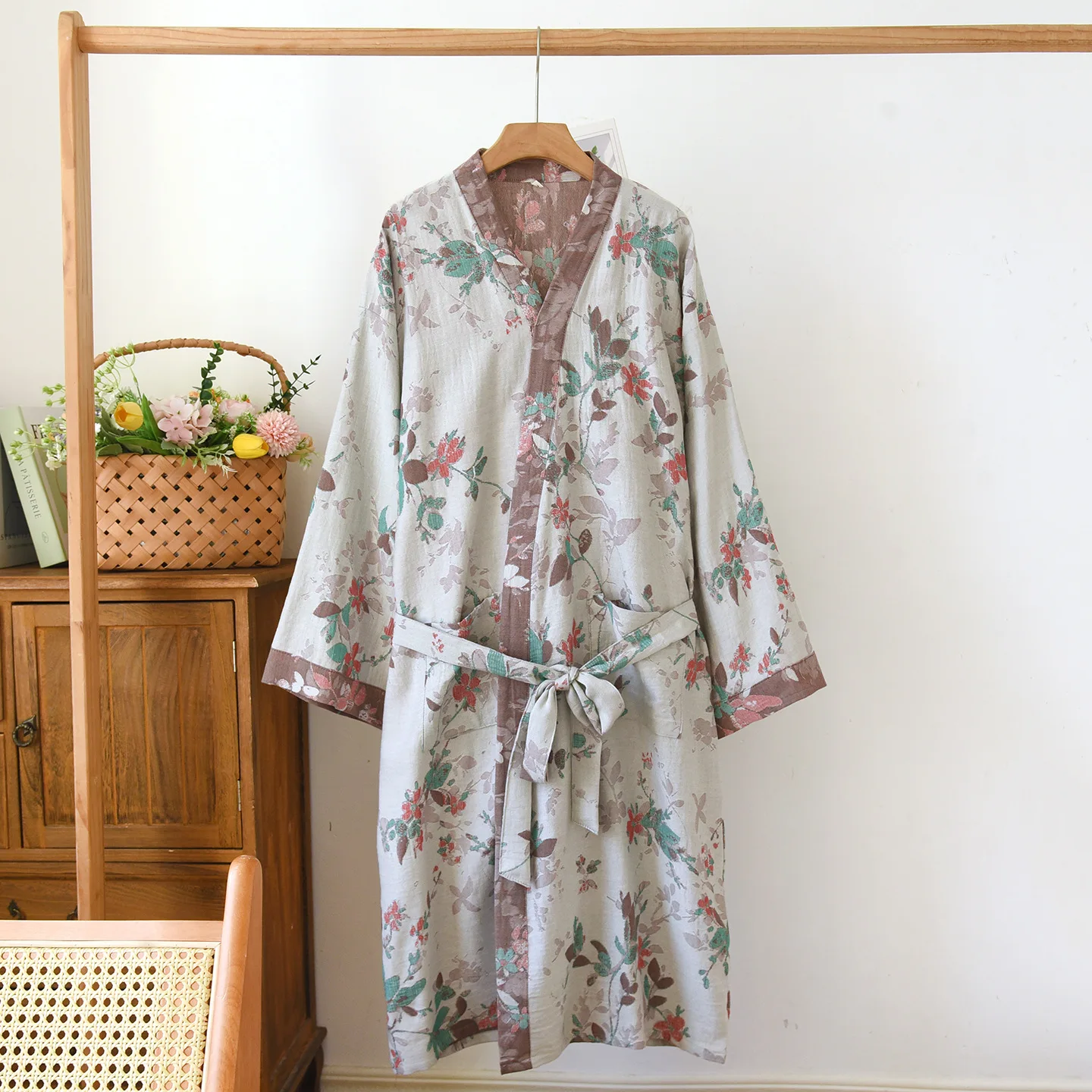 Women's Printed Cotton Loose Fitting Bathrobe Japanese Style Kimono Pajamas Robes Shower Morning Gowns