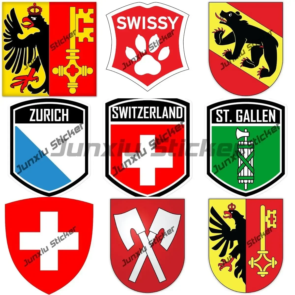 Swiss Confederation Stickers Switzerland Emblem Coat of Arms Shield City Flag Souvenir Decals Bumper Accessories Stickers Decor