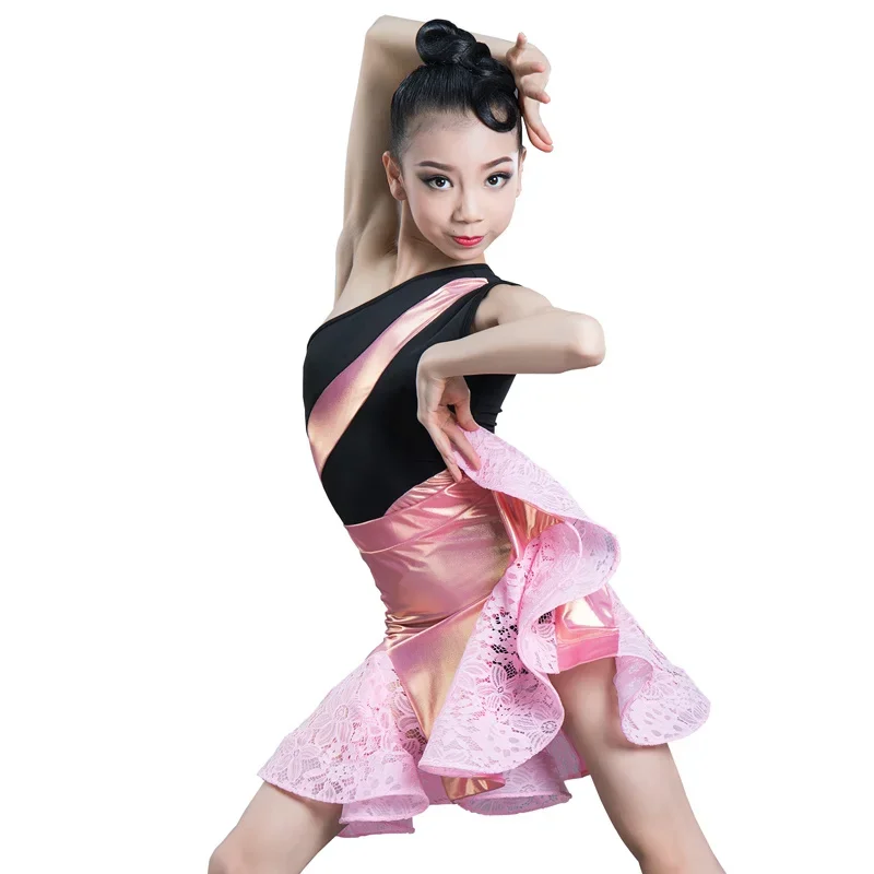 New Latin Dance Costume Children Girl Latin Skirt Summer Style Performance One Shoulder Latin Dance Dress Sets Black Pink Lace