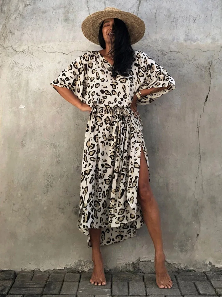 Boho Leopard Print Beach Dress Swimsuit Cover Up 2023 Summer Women Kimono Long Dresses Beachwear Cover-ups Kaftan Bath Clothing