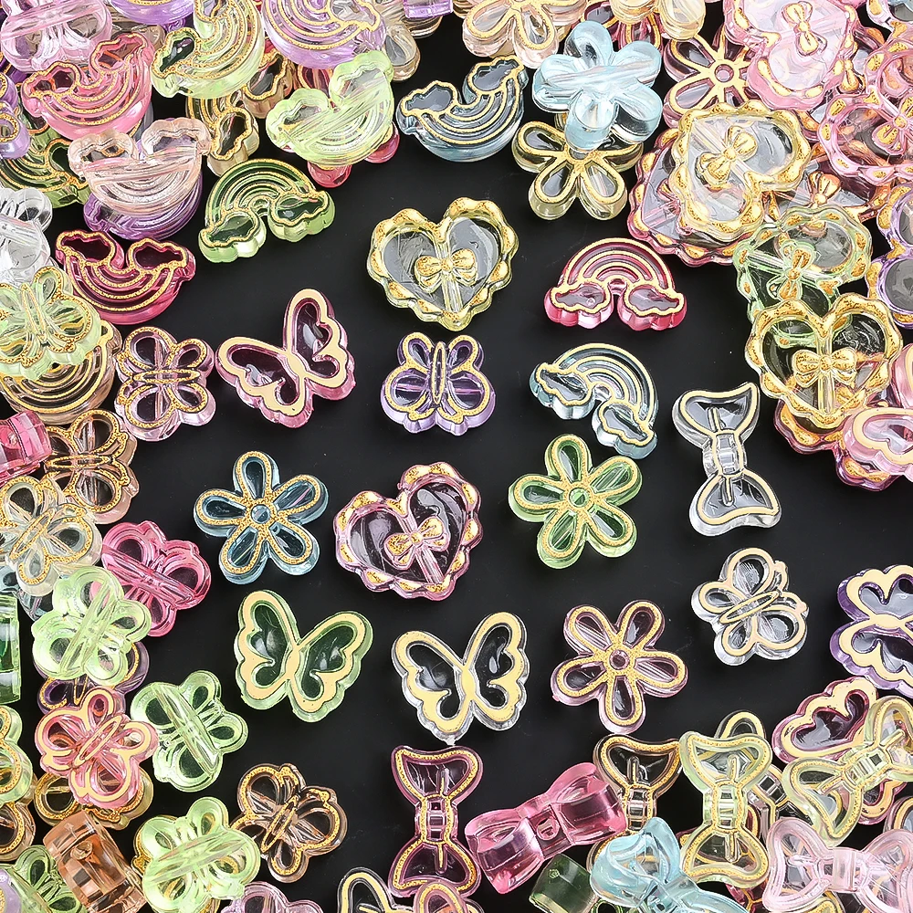 20 Stück goldfarben verzierte transparente Acrylperlen in Schmetterlings-, Herz- und Blumenform als Abstandshalterperlen für die Schmuckherstellung, DIY-Armbänder und Halsketten – Detail 10
