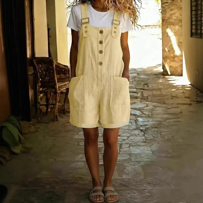 Vintage Solid Linen Cotton Short Overalls Women Adjustable Strap Pocket Straight Bib Shorts Summer S 4XL