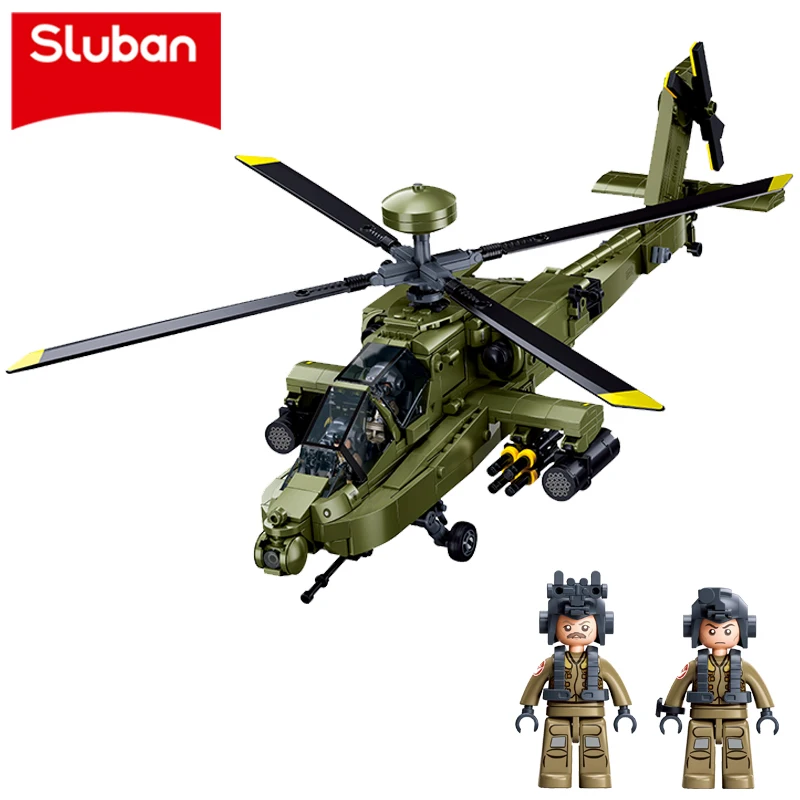 Sluban M38‑B1536 Boeing AH‑64D Apache Longbow Heavy Armed Anti Tank Helicopter Model Building Blocks US Military Series Toy Gift