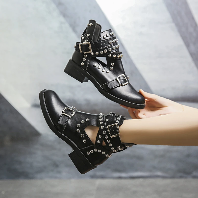 2023 Rivets Black Ankle Women Boots Faux Leather Booties Metal Buckle Straps Square Heel Studded Woman Boots Motorcycle Shoes