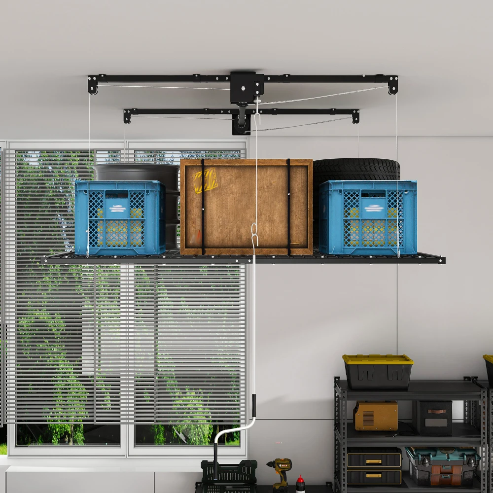 Image of Robuster Stahl-Deckenlift für Garagen – Handkurbel-Hebesystem zur Deckenmontage, Organizer für 3 bis 3,6 m hohe Decken, manuelle Sicherheitsverriegelung, platzsparender Aufbewahrungslift