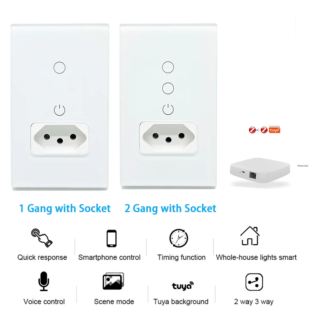 Shawader Zigbee Smart Tuya Brazil Light Switch Wall Socket Plug Outlet Glass Touch Sensor Panel by Alexa Google Home Automation