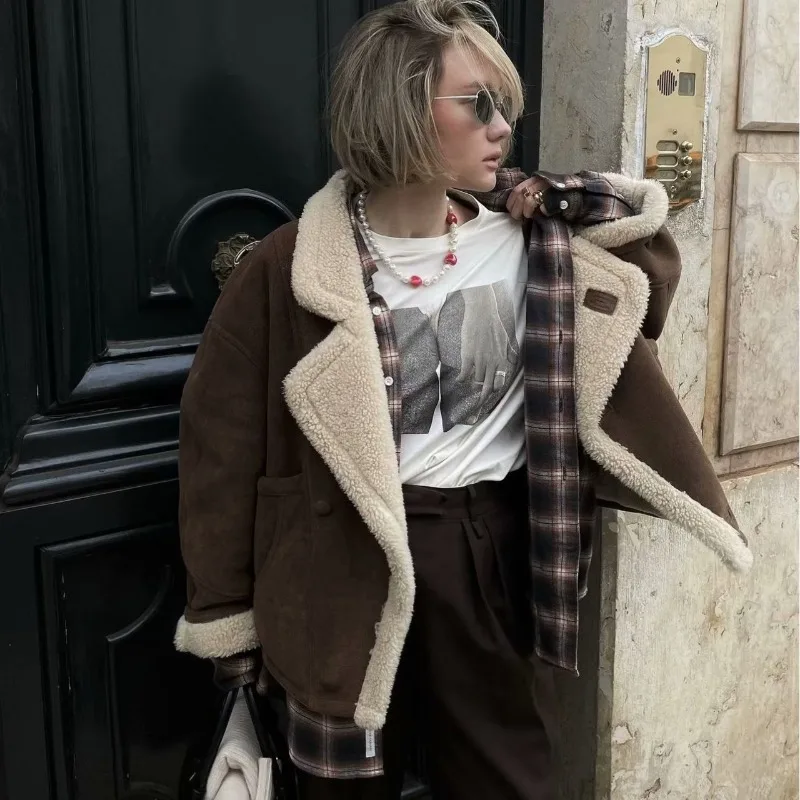 Autumn Winter European American Women's Clothing Fashion Loose Warm Retro Lamb Wool Coat Women's Simple Exquisite Casual Trend