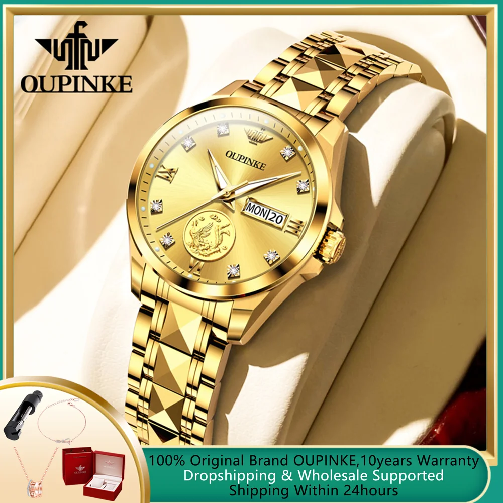 

OUPINKE Automatic Watch for Women Luxury Real Gold Phoenix Inlaided Mechanical Watch Swiss Luminous Waterproof Ladies Wristwatch