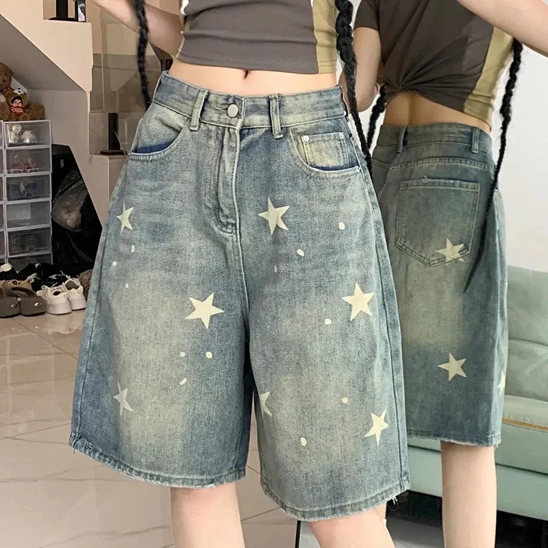 Star Pattern Streetwear Five-Point Pants Women Korean High Waist Wash Denim Shorts Woman 2026 Summer Wide Lge Knee Length Jeans