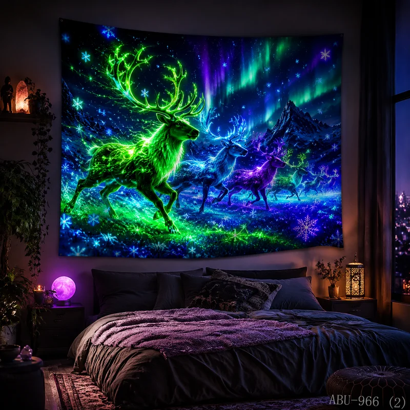 VIKAMA Neon Purple Blue Santa Reindeer Sleigh Flying Galaxy Moon Snowy Mountain City Christmas Tapestry Wall Hanging Bedroom