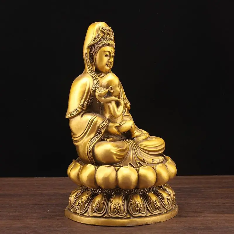Pure copper Bodhisattva , South Sea sitting on a lotus, Guanyin statue with a child, home worship ornament