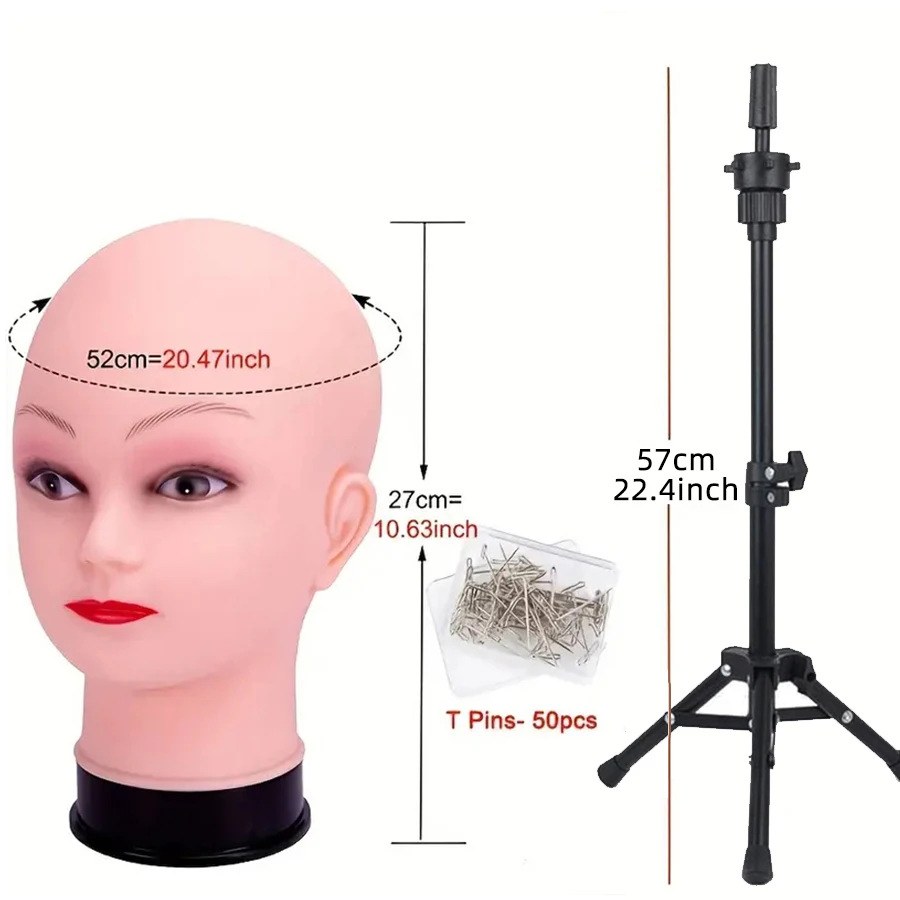 Soporte para pelucas con trípode de 57cm con cabeza de maniquí calvo, Mini soporte para pelucas, trípode con cabeza calva, soporte para pelucas con trípode ajustable, pines en T