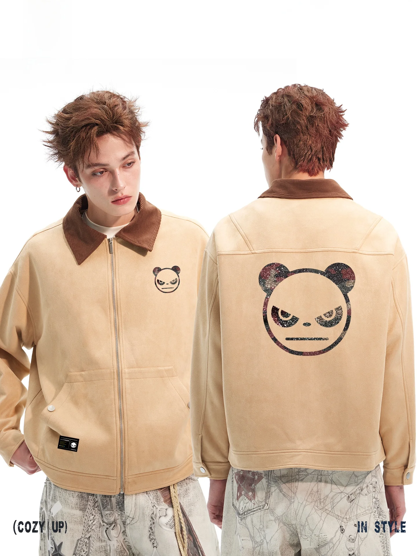 

Hipanda Faionable Suede Jaet Collar Stand up Men's Outerwear Splicing Design Casual Sle for Young People Autumn New Arr...