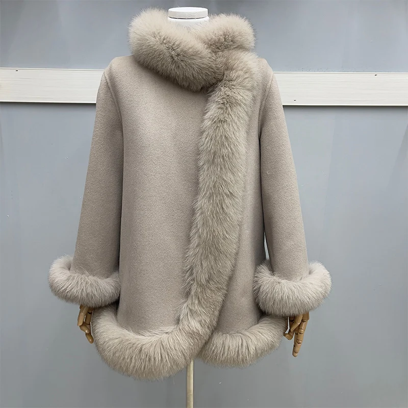 2023 Fashion Natural Winter Fur Coat Real Fox Fur Collar Cashmere Wool Woolen Women Jacket Luxury Outwear New Ladies Female Coat