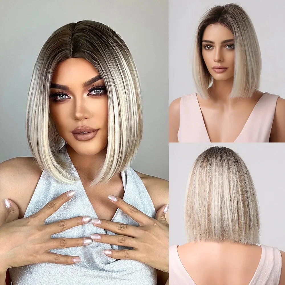 Blond Ombre Short Straight Bob Wigs Middle Part Ash Blonde Natural Hair Synthetic Wigs for Women Heat Resistant Cosplay Wigs