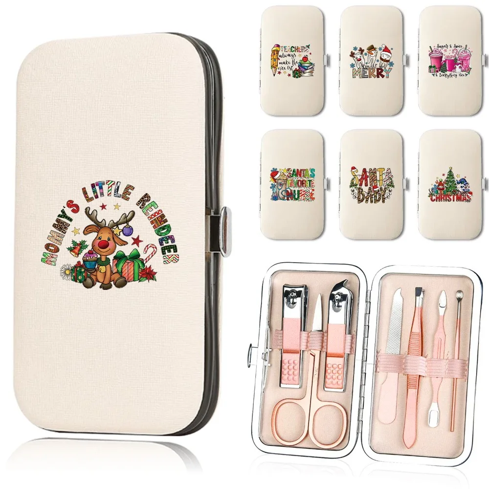7Pcs Stainless Steel Nail Clipper Set Christmas Printed Nail Care Set Household Trimming Tool with Storage Box Christmas Pattern
