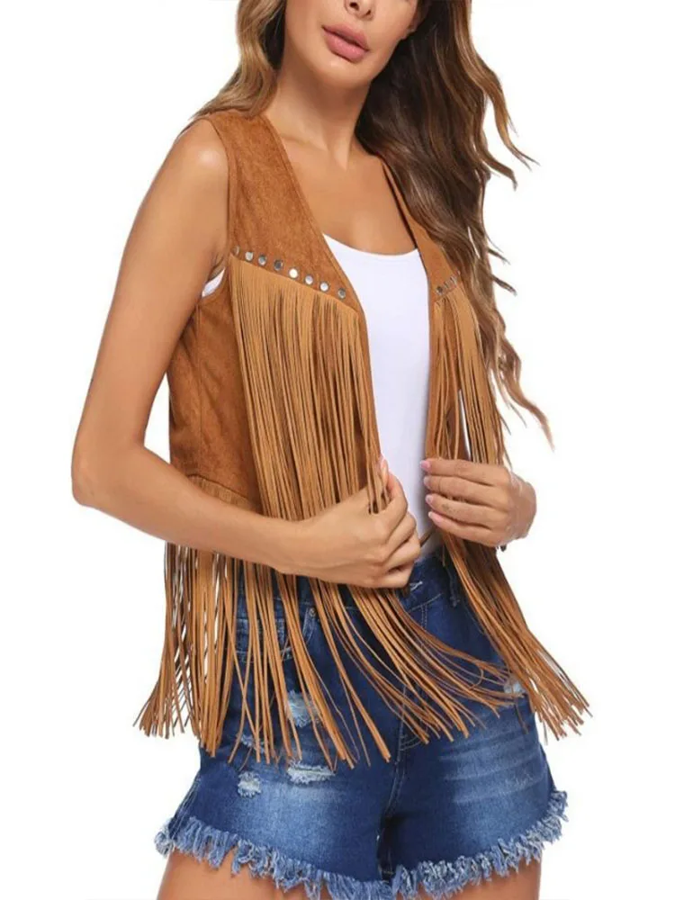 Cowgirl Western Rivet Fringe Faux Suede Vest Sleeveless Open Front Country Music Festival Layering Waistcoat