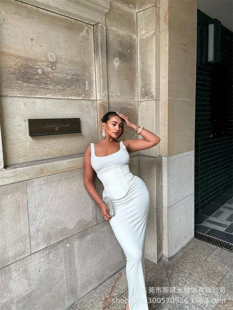 White Satin Women Prom Dress Corset Top Bra Long Sheath Party Gown Sexy Stripe Sleeveless Lace Up Back Holiday Birthday Robe